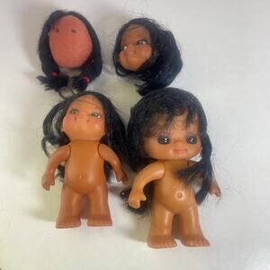 2 Native American Dolls & 2 Heads 1960's & 70's 4 3/4" &  5 1/4" Hong Kong Craft